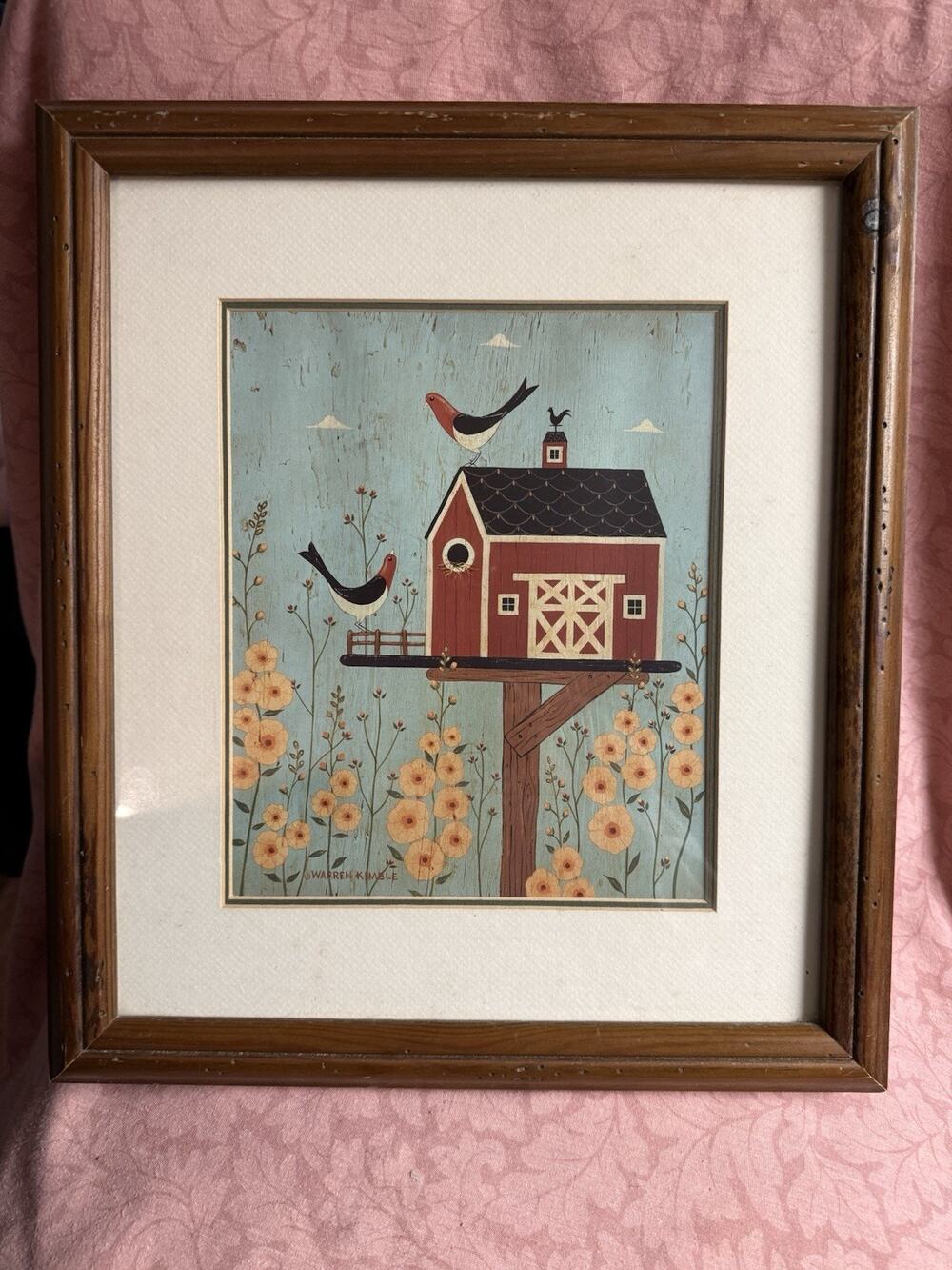 Warren Kimble American Folk Art Red Birds W/ Yellow Flowers And Birdhouse Framed